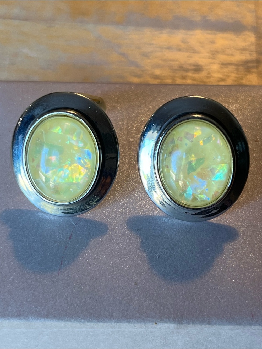 Silver Tone Opal-Look Stud Earrings - Yellow Opalescent